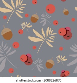 Seamless pattern with autumn leaves, rowan and acorns