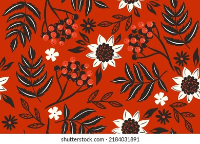 Nahtloses Muster mit Herbstblättern und Rowaschbeeren. Vektorgrafiken.
