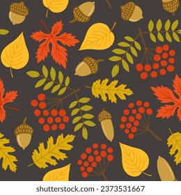 Seamless pattern with autumn leaves and rowan. Autumn background. Vector illustration.