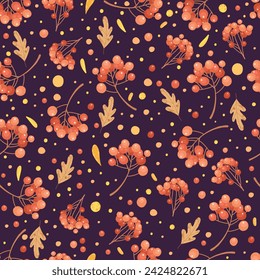 Seamless pattern with autumn leaves and rowan berries. Colorful repeatable backdrop with oak, rowan and maple leaves and acorns for wrapping paper. Flat vector cartoon illustration of bright fall