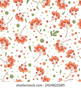 Seamless pattern with autumn leaves and rowan berries. Colorful repeatable backdrop with oak, rowan and maple leaves and acorns for wrapping paper. Flat vector cartoon illustration of bright fall