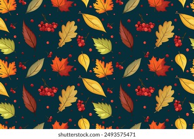 Seamless pattern with autumn leaves and rowan berries on dark background. Colorful backdrop with Oak, maple, chestnut, linden, aspen and rowan leaves Fall harvest. Vector illustration