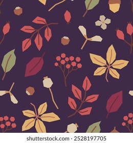 Seamless pattern of autumn leaves, rowan berries, poppy pods in cutout style on dark purple background. Simple geometric botanical elements. Fall vector design.