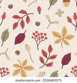 Seamless pattern of autumn leaves, rowan berries, poppy pods in cutout style on light beige background. Simple geometric botanical elements. Fall vector design.