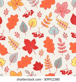 Seamless pattern with autumn leaves and rowan berries. Perfect for wallpapers, wrapping papers, pattern fills, textile, seasonal greetings