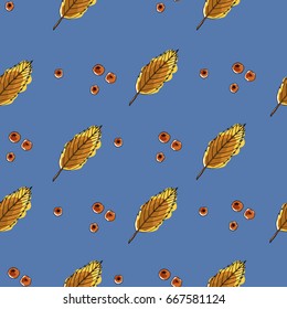 Seamless PATTERN with autumn leaves and Rowan berries on blue background. Vector. Illustration.