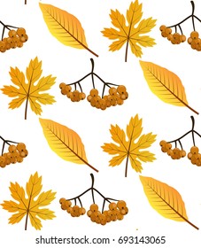 Seamless pattern with autumn leaves and rowan. Vector illustration for your design.