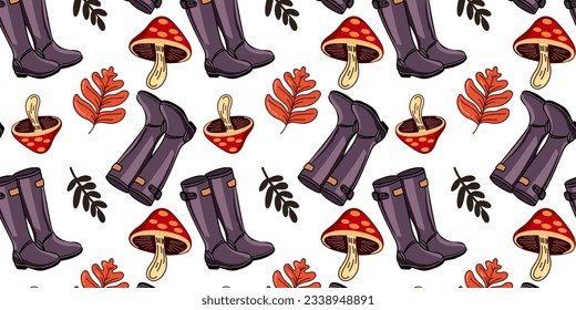 Patrón sin foco con hojas de otoño, botas de goma y champiñones. Ilustración vectorial en estilo plano