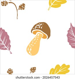 Seamless pattern with autumn leaves, seeds and mushroom. Colorful paper cut fall woods collection isolated on white background. Doodle hand drawn vector illustration.