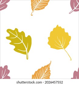 Seamless pattern with autumn leaves, seeds and fruits. Colorful paper cut fall woods collection isolated on white background. Doodle hand drawn vector illustration.