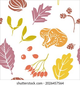 Seamless pattern with autumn leaves, seeds, mushrooms and fruits. Colorful paper cut fall woods collection isolated on white background. Doodle hand drawn vector illustration.