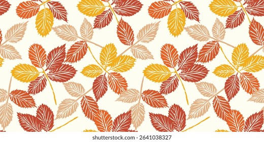 Seamless Pattern of autumn leaves in shades of red, orange, and yellow against a white background.