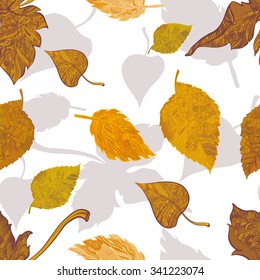 Seamless pattern autumn leaves with silohuettes on white background