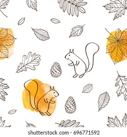 Seamless pattern with autumn leaves and squirrels.  Vector illustration.