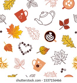 Seamless pattern with autumn leaves, teapot, coffee mugs and coffee beans. Autumn seamless pattern on white background.