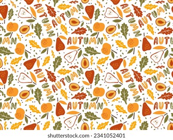 Seamless pattern with autumn leaves and autumn text. Autumn leaf color paper. Vector illustration in doodle style. Repeated background for wallpaper, wrapping, packing, textile. plant ecoprint design.