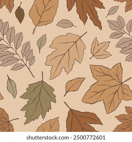 Patrón sin fisuras de hojas de otoño para la materia textil, impresión, Fondo de pantalla, papel de embalaje. Follaje en estilo plano de dibujos animados aislado sobre fondo beige. Sentimiento pastel dibujado a mano para Acción de Gracias, Halloween, venta de otoño