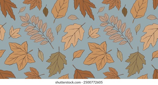 Patrón sin fisuras de hojas de otoño para la materia textil, impresión, Fondo de pantalla, papel de embalaje. Follaje en estilo plano de dibujos animados aislado sobre fondo azul. Sentimiento pastel dibujado a mano para Acción de Gracias, Halloween, venta de otoño