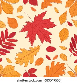 Seamless pattern with autumn leaves for textile, wallpapers, gift wrap and scrapbook. Fall of the leaves.  Vector illustration.