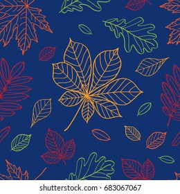 Seamless pattern with autumn leaves for textile, wallpapers, gift wrap and scrapbook. Fall of the leaves. Dark blue background.  Vector illustration.