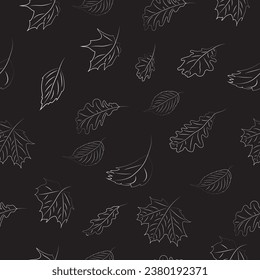 Seamless pattern. Autumn leaves in thin lines on a black background. High quality vector illustration.