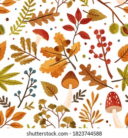 Seamless pattern with autumn leaves and tree branches. Repeatable background with fall mushrooms, chestnut, berries, acorn and foliage. Flat vector illustration of beautiful aspen, and oak leaf