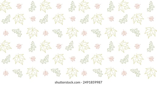 Seamless pattern of autumn leaves. Tree leaves pattern. Maple, oak and tulip tree in outline. Pattern on isolated white background