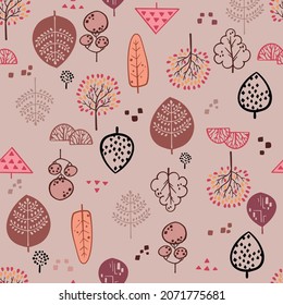 Nahtlose Muster von Herbstblättern und Bäumen. Hintergrund für Geschenkpapier, Textilien, Tapete. Vektorgrafik.
