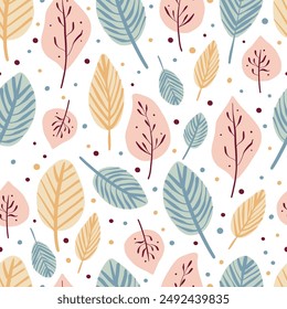 Seamless pattern with autumn leaves. Trendy flat style. Great for backgrounds, apparel and editorial design, cards, gift wrapping paper, home decor etc.
