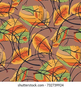 Seamless pattern with autumn leaves and twigs curled into a wreath