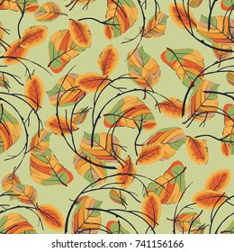 Seamless pattern with autumn leaves and twigs curled into a wreath