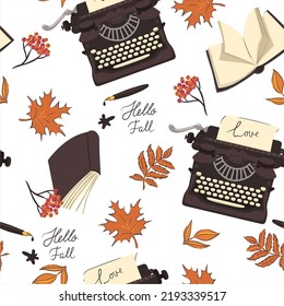 Seamless pattern with autumn leaves, typewriters, fountain pens, books. Vector graphics