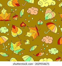 Seamless pattern with autumn leaves, umbrellas, clouds and raindrops on a brown background