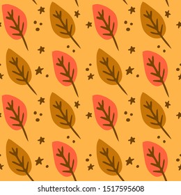 Seamless pattern of autumn leaves. Various leaves on yellow background. Hand drawn illustration for textile print, wrapping paper, wall art design, wallpaper