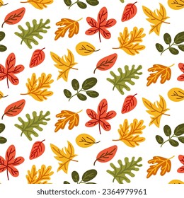 Seamless pattern with autumn leaves of various orange, green, red and yellow colors. Perfect for wallpaper, gift paper, pattern filling, web page backgrounds, autumn greeting cards. Cozy texture