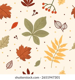 Seamless pattern with autumn leaves in various shapes and sizes showcases deep reds, bright yellows, and earthy greens against a light backdrop.