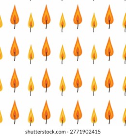 Seamless pattern of autumn leaves in various sizes and shades of orange and yellow, arranged on a white backdrop.