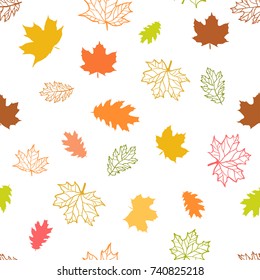 Seamless pattern of autumn leaves. Various colorful leaves on white background.