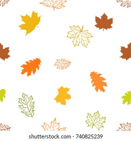 Seamless pattern of autumn leaves. Various colorful leaves on white background.