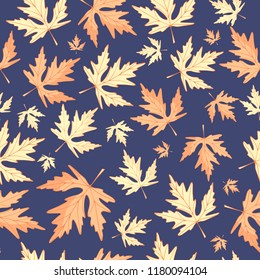 Seamless pattern. Autumn leaves. Vector illustration. Maple leaves. Blue background