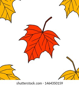 Seamless pattern of autumn leaves. Vector cartoon background. Hand-drawn style.