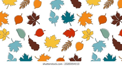 Seamless pattern autumn leaves. Vector illustration of multicolored leaves in cartoon style.