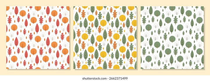 Padrão contínuo com folhas de outono. Ilustração vetorial. Folhas decorativas padrão sem costura. Fundo bonito da natureza com árvores. Ilustração do vetor florestal estilo escandinavo. Design para têxteis, parede