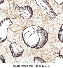 Seamless pattern with autumn leaves and vegetables. Outline monochrome vector illustration in retro style
