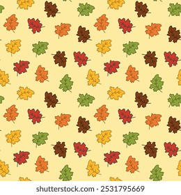 Padrão contínuo de folhas de outono em cores vibrantes no fundo amarelo. Conceito de outono Temporada, Natureza, Variedade Folha, Elemento de design decorativo, Papel de parede outono, Papel de embrulho, Impressão, Têxtil