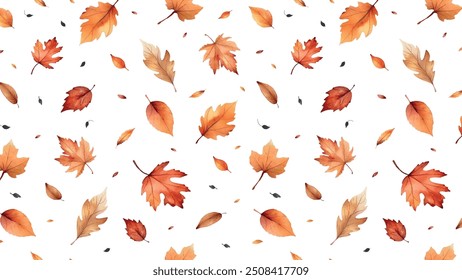 Seamless Pattern with Autumn Leaves in Watercolor Style. Horizontal Banner with Repeating Pattern. Vector