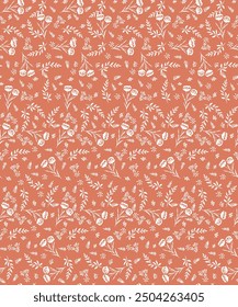 Seamless pattern with autumn leaves. white floral autumn seamless pattern isolated on orange background. Cute vector seamless pattern with flowers.
