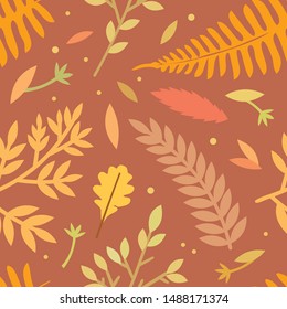Seamless pattern with with autumn leaves in yellow, orange, beige, brown. Cozy pattern. Illustration perfect for  gift paper, autumn greeting cards, web page background, wallpaper. 