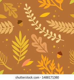 Seamless pattern with with autumn leaves in yellow, orange, beige, brown. Cozy pattern. Illustration perfect for  gift paper, autumn greeting cards, web page background, wallpaper. 