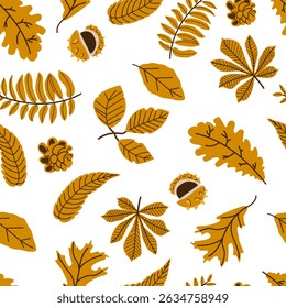 Seamless pattern of autumn leaves in yellow colors. Vector monochrome illustration. Maple, oak and rowan leaf, snail, fir cone, background for fabric, wallpaper or gift wrapping print.